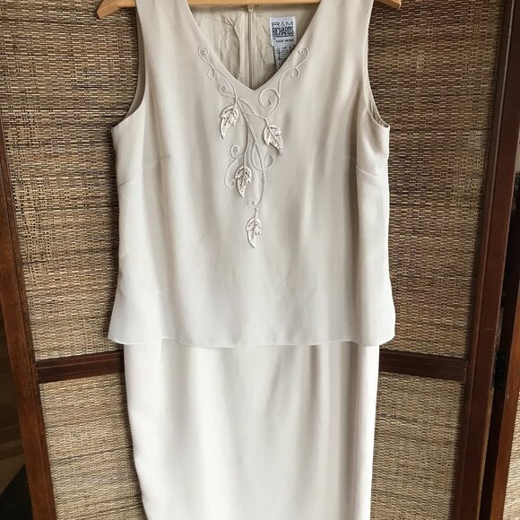 R&M Richards Karen Kwong 70s Floral Leaf Embroidered Cream Blouson Dress Size 12 - Picture 10 of 16